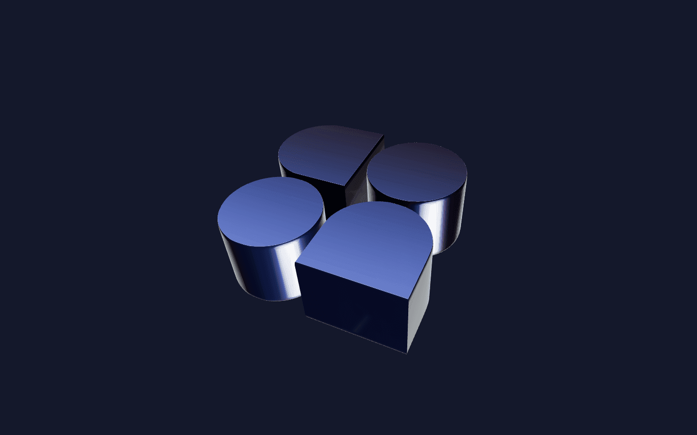 3D-Logo mit abstrakten geometrischen Formen in Blau und Silber auf dunkelblauem Hintergrund, modernes futuristisches Design für Technologie, KI, Software oder digitales Branding.